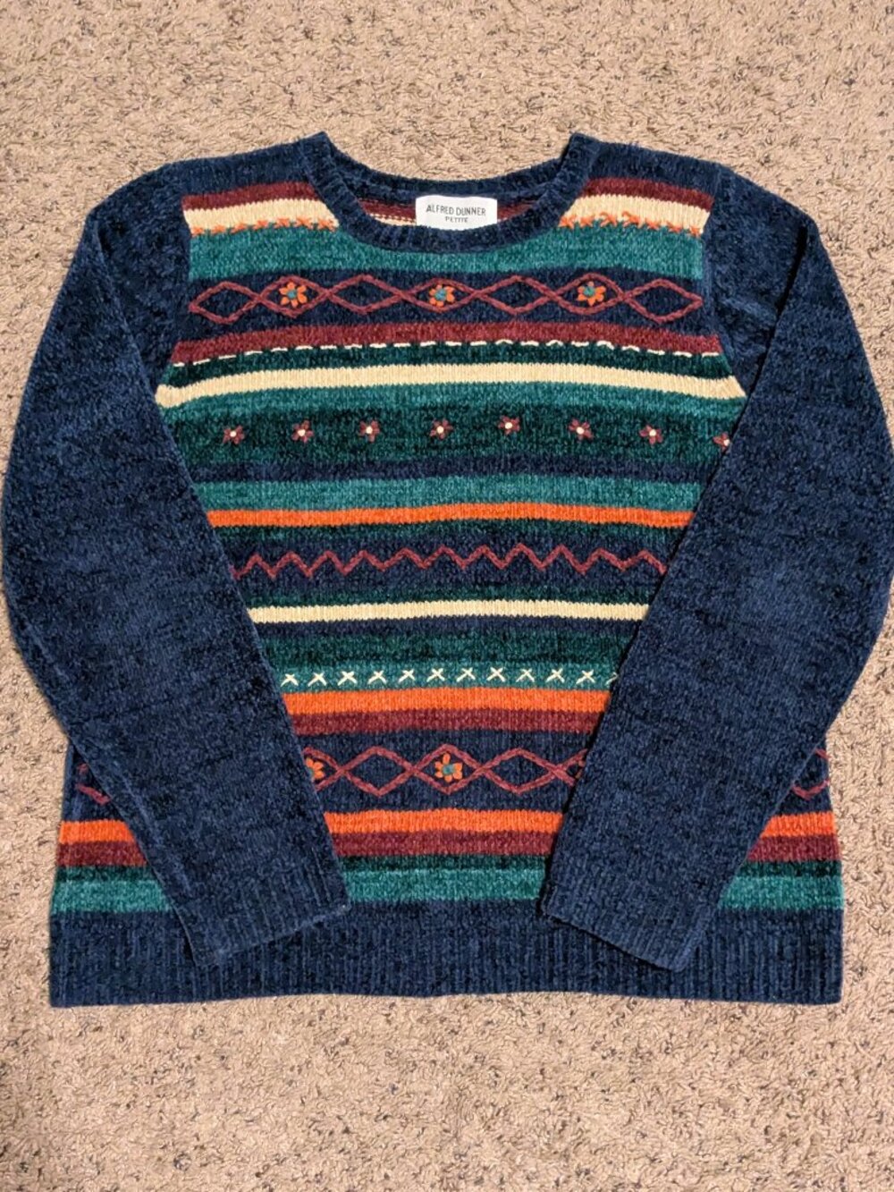 Alfred Dunner 90s Blue Green Striped Embroidered Sweater Petite Medium